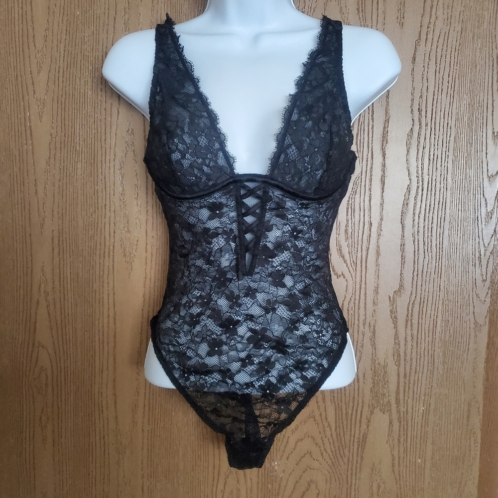Victoria's Secret Black Lace Plunge Bodysuit